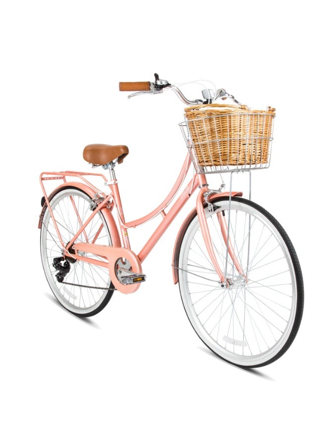 Spartan Platinum Women’s 24” City Bicycle – Stylish Vintage Retro Design, Lightweight Frame, Shimano 1 x 7 Speed Gear System, 24 Inch Wheels, Dual Rim Braking, Basket and Rear Carrier, Urban Bicycle | Blush Pink SP-3125-XS - Image 1