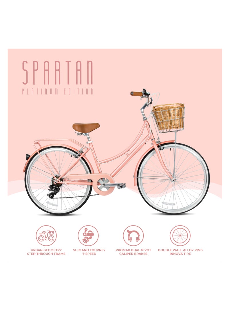 Spartan Platinum Women’s 24” City Bicycle – Stylish Vintage Retro Design, Lightweight Frame, Shimano 1 x 7 Speed Gear System, 24 Inch Wheels, Dual Rim Braking, Basket and Rear Carrier, Urban Bicycle | Blush Pink SP-3125-XS - Image 4