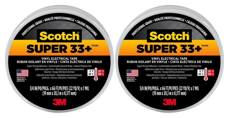 3M Scotch Super 33+ Vinyl Electrical Tape - Professional-Grade, All-Weather, Flame-Resistant - Black - 3/4 Inch x 66-Foot (2 Pack) - Image 1