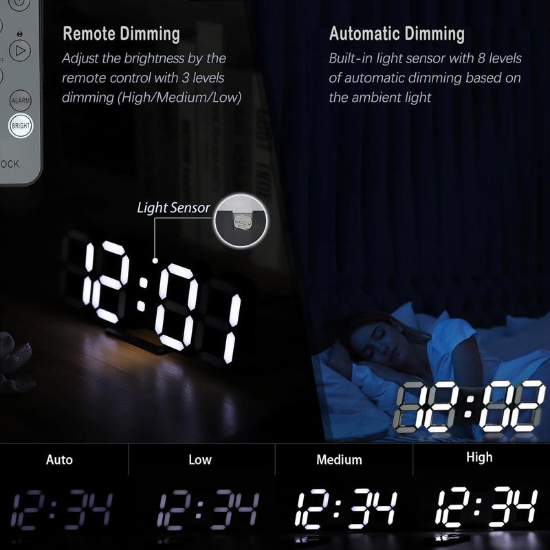 KOSUMOSU ساعة رقمية LED ثلاثية الأبعاد لزينة غرفة المعيشة، بحجم 9.7 بوصة، ساعة إيقاظ، ساعة حائط سوداء للزينة، مزودة بجهاز تحكم عن بعد، خاصية التخفيف من الإضاءة، تعرض التاريخ ودرجة الحرارة. - Image 4