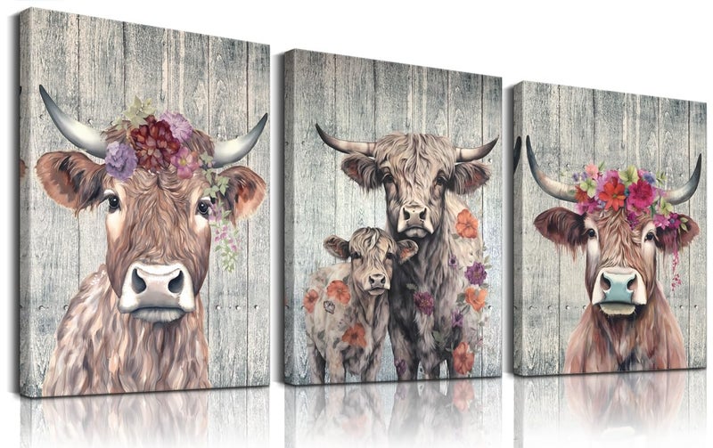Mistyefly Cow Pictures Canvas Wall Art with Built-in Wooden Frame - Farmhouse Highland Cow Wall Decor & Rustic Animals Paintings Posters for Home Decoration - Lightweight & Easy Hanging, 12x16x3 Inches - Image 1