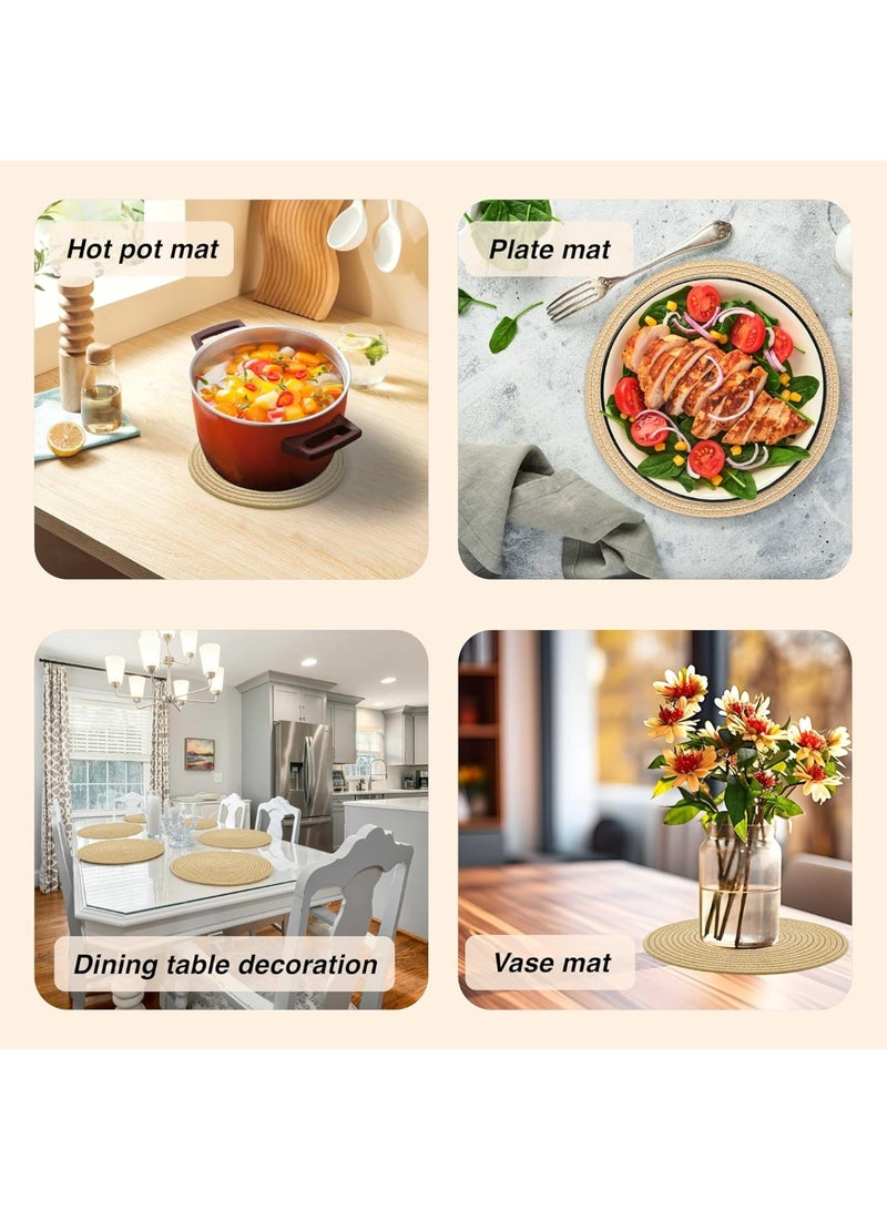مجموعة مفارش دائرية منسوجة، مفارش طاولة المطبخ مقاس 33 سم لطاولة الطعام، حوامل الأواني الساخنة والمقالي، ديكورات طاولة بوهو لإعداد الطاولة، ملحقات سطح الطاولة، 4 قطع، بيج - Image 3