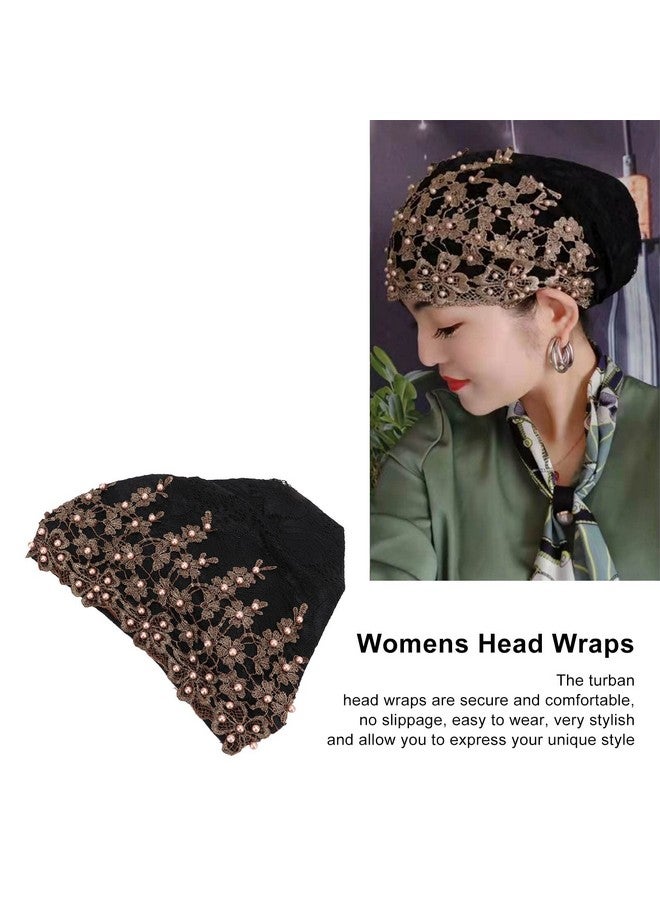 Pilipane Fashion Hijabs For Women Muslim , Vintage Embroidered Muslim Turban Hat Soft Lace Material Beaded Fleece Hair Hat For Women Daily Use And Gift (Black) , Turban Heads Wraps - Image 2