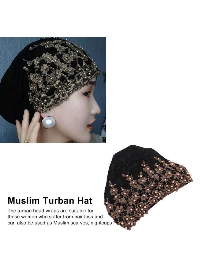 Pilipane Fashion Hijabs For Women Muslim , Vintage Embroidered Muslim Turban Hat Soft Lace Material Beaded Fleece Hair Hat For Women Daily Use And Gift (Black) , Turban Heads Wraps - Image 3
