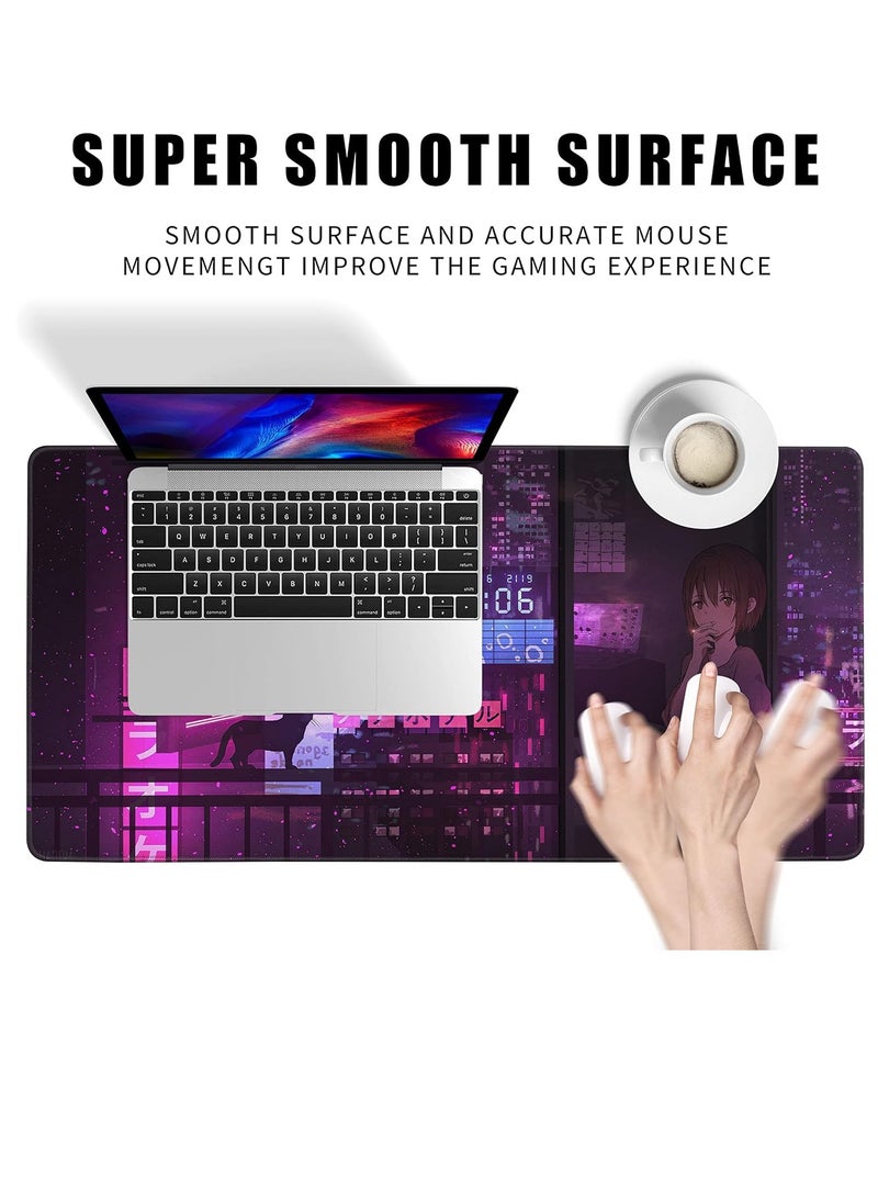 Generic - Purple Cat Anime Gaming Mouse Pad for Keyboard & Mouse (80 X 30 cm ) - Desk Mat Mousepad L Extended Size - Anti Slip Rubber Base - Stitched Edges - Waterproof - Speed Edition - Image 1