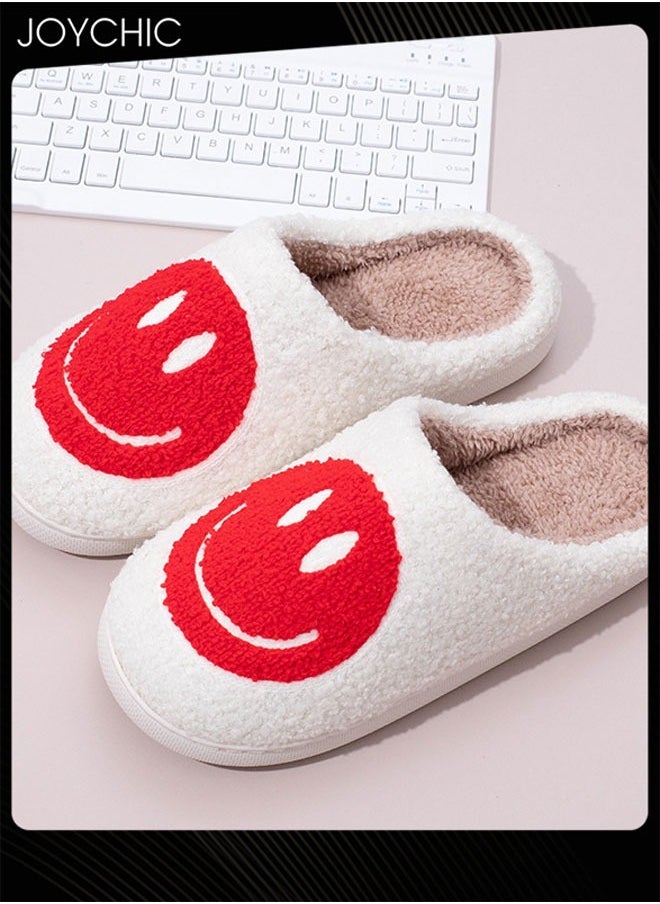 Joychic Autumn and Winter Warm Windproof Smiley Face Designed Bedroom Slippers White/Red for Women/Men  - Image 2
