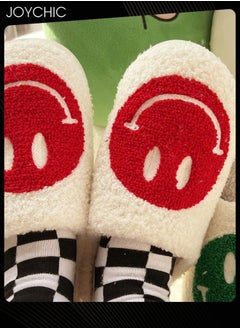 Joychic Autumn and Winter Warm Windproof Smiley Face Designed Bedroom Slippers White/Red for Women/Men  - Image 3