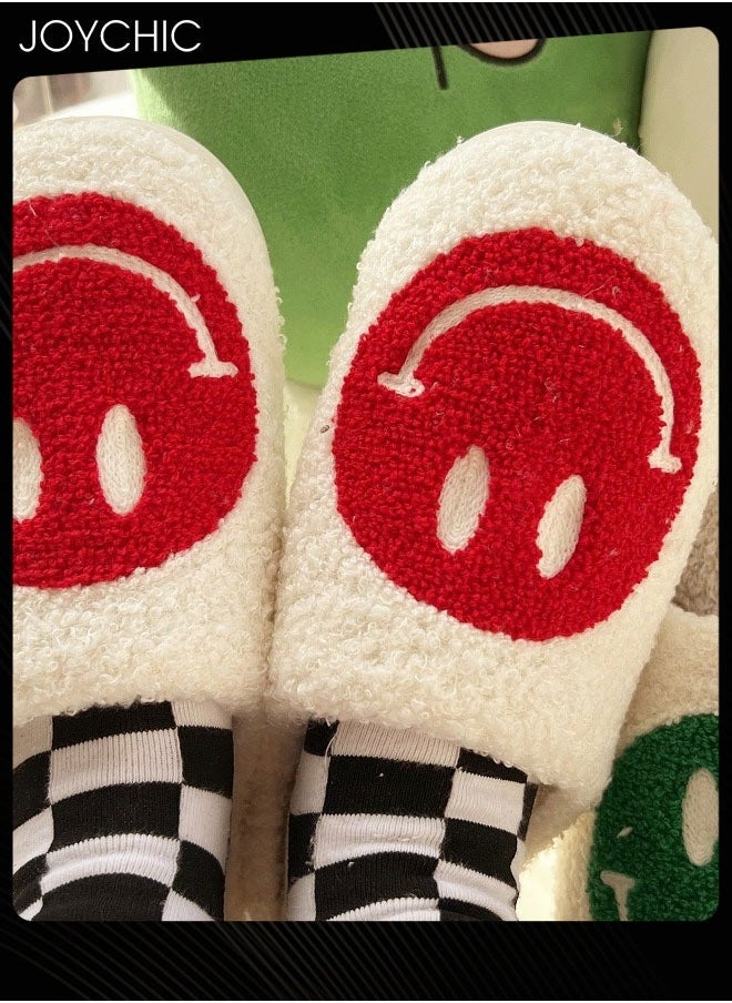 Joychic Autumn and Winter Warm Windproof Smiley Face Designed Bedroom Slippers White/Red for Women/Men  - Image 3