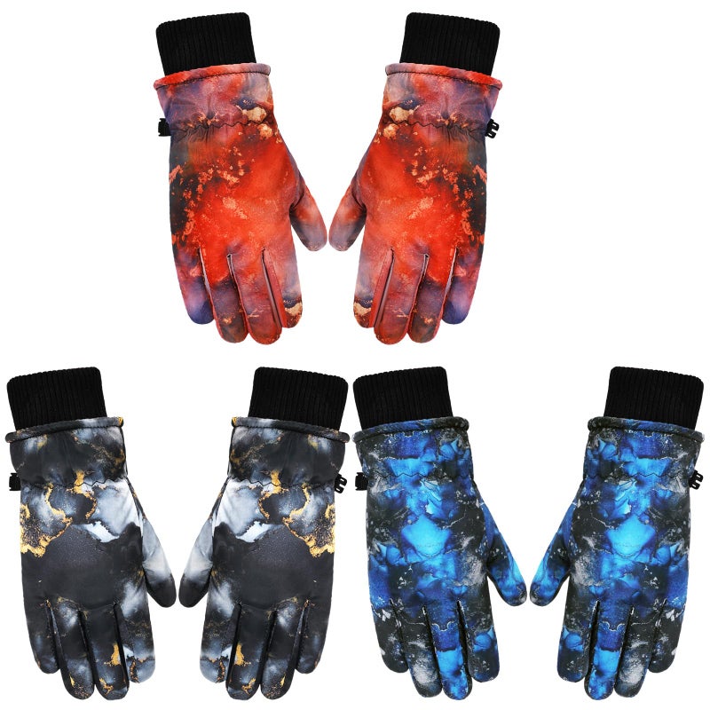 Bencailor 3 Pairs Kids Winter Gloves Waterproof Snow Ski Gloves Warm Windproof Adjustable Mittens for Boy Girl Outdoor(10-15 Years,Black Gold, Blue Black, Red) - Image 1