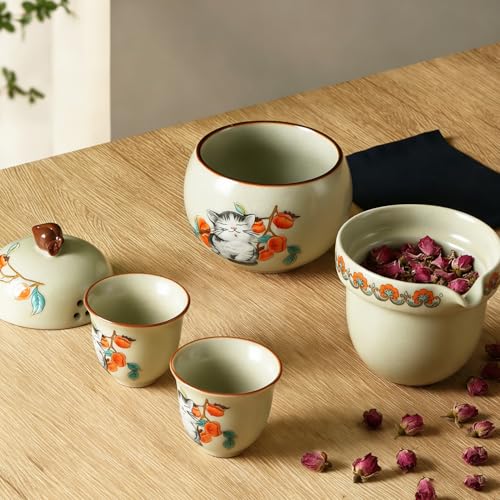 Foinly Mini Tea Cups,Cute Lucky Cat Cups,Small Tea Mugs,Porcelain Gongfu Tea set with 3 in 1,Tea Sets for Adults,Ceramic Tea Infuser Cup for Loose Leaf for Women/Tea Lovers/Birthday/Mother's Day (Green) - Image 3
