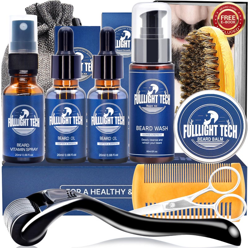 Beard Care Kit for MenNourish Soften Grooming Patchy Beard WVitamin SprayMustache OilBalm WashBoar Bristle BrushWooden CombScissorsValentines Fathers Gifts for Men Dad Him Husband Boyfriend