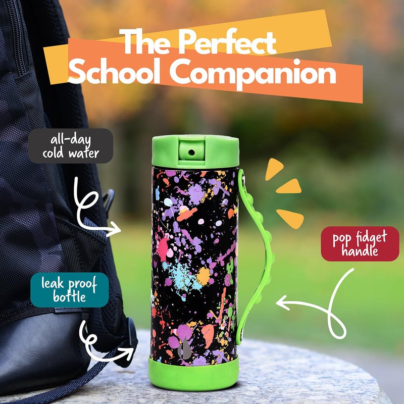 Elemental Iconic Kids Water Bottle with Straw Lid & Stress Relief Pop It Handle, Leak-Proof When Closed, Triple Insulated Kids Stainless Steel Water Bottle For Girls and Boys, 14oz -Green Splatter - Image 2