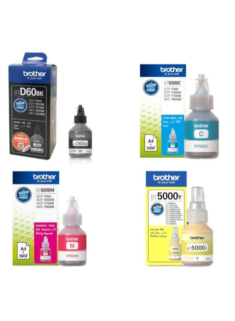Brother Max IG Compatible Ink Bottle Combo – BT-D60BK + BT5000C/M/Y – For Brother DCP-T310, T510W, T710W, MFC-T810W, T910DW – Black & Color – Up to 5000 Pages - Image 1