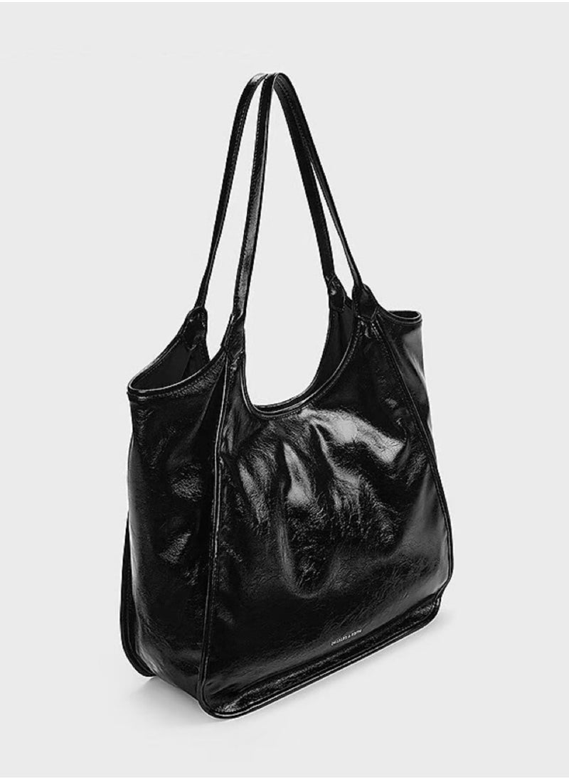Charles & Keith Sianna Crinkle-Effect Slouchy Tote Bag & Shoulder Bag For Women - Black  - Image 3