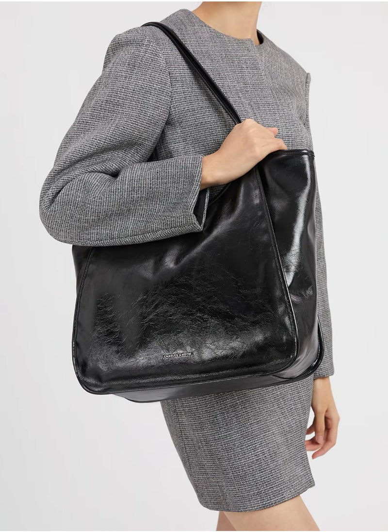 Charles & Keith Sianna Crinkle-Effect Slouchy Tote Bag & Shoulder Bag For Women - Black  - Image 4