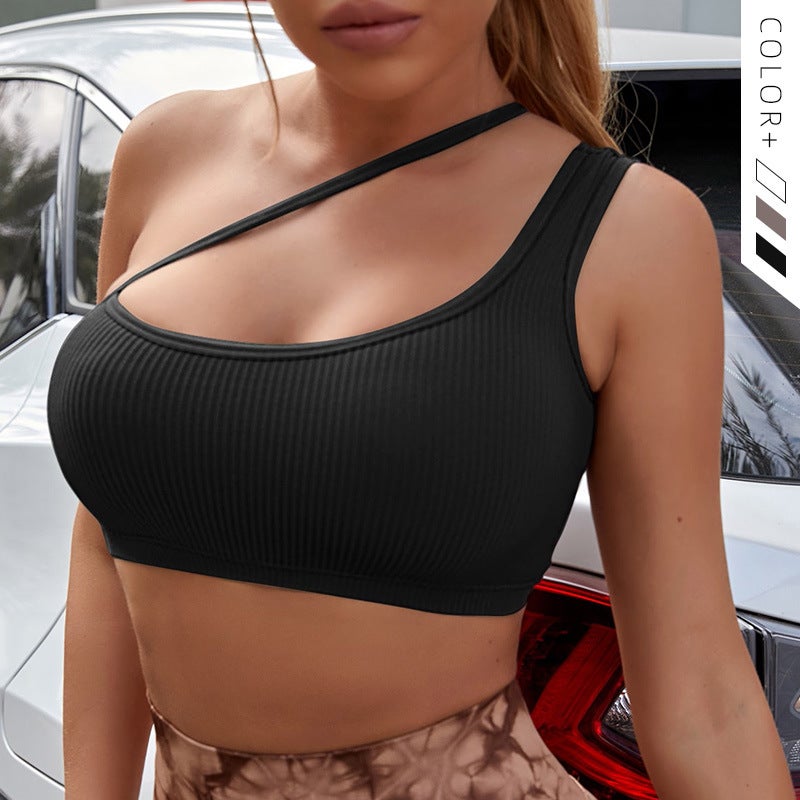 New Inclined Shoulder Strap Sports Underwear Women'S Shockproof Push-Up Sports Vest One-Piece Yoga Bra - Image 2