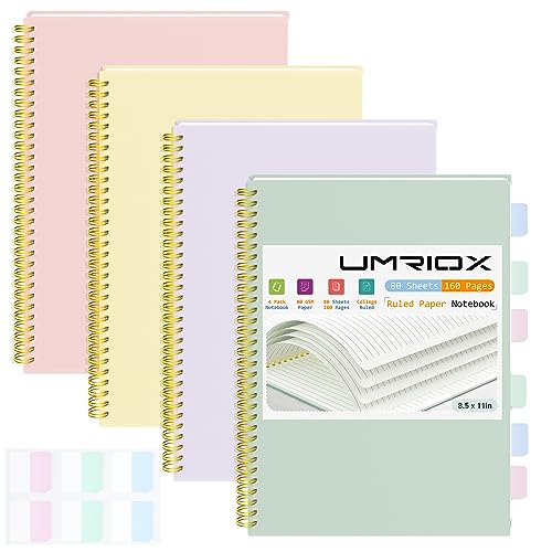 Umriox 4 Pack Lined Spiral Journal Notebook, 160 Pages 8.5" x 11" College Ruled Spiral Notebook with Sticky Tabs, Large Notebook for Work, Travel Journal, School - Image 1