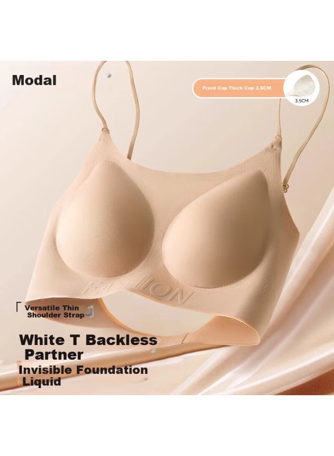 Modal Women's Seamless Bra, Nude Color, Large U-shaped Back, Thin Straps, Push-up For Small Invisible, Skin Color, Brassiere, Size L