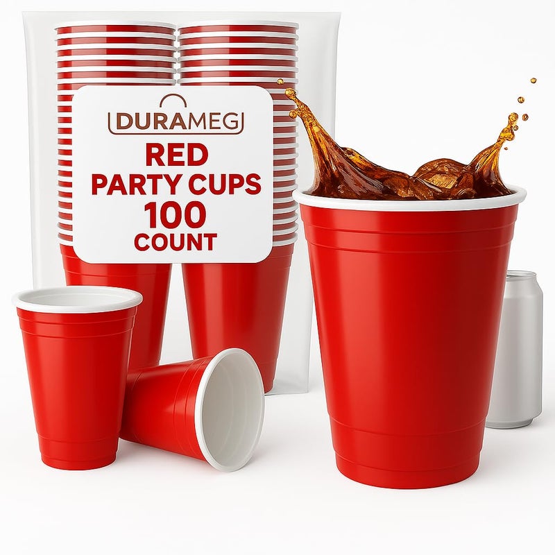 Durameg أكواب بلاستيكية حمراء قابلة للتصرف [100 عبوة 16 أونصة] أكواب حفلات ومرح - أكواب متينة للماء والبيرة والمشروبات والألعاب - أكواب كبيرة للمشروبات الباردة - Image 4