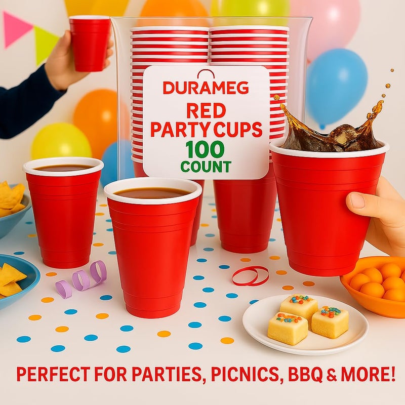 Durameg أكواب بلاستيكية حمراء قابلة للتصرف [100 عبوة 16 أونصة] أكواب حفلات ومرح - أكواب متينة للماء والبيرة والمشروبات والألعاب - أكواب كبيرة للمشروبات الباردة - Image 2