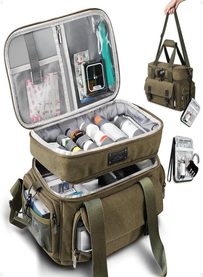 ARCFOX Large Medicine Organizer, Vintage Travel Medicine Storage Bag, Double Layers Pill Bottle Organizer with Portable Small Pouch, First Aid Bag for Travel, Home and Emergency Outdoor,Bag Only,Green - Image 1