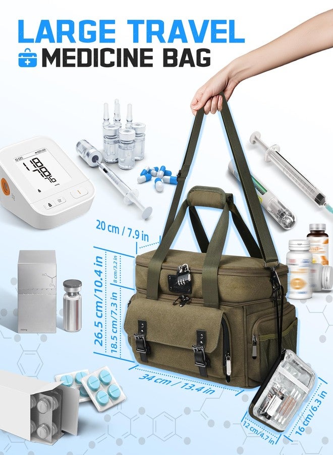 ARCFOX Large Medicine Organizer, Vintage Travel Medicine Storage Bag, Double Layers Pill Bottle Organizer with Portable Small Pouch, First Aid Bag for Travel, Home and Emergency Outdoor,Bag Only,Green - Image 2
