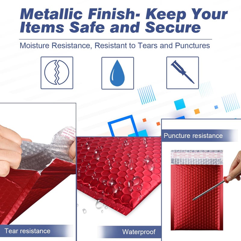 Safoner Metallic Matte Red Bubble Mailers - Durable 4x8 Inch Padded Envelopes with Secure Self-Seal Closure - Lightweight & Tear-Resistant Shipping Bags, Pack of 25 - Image 3