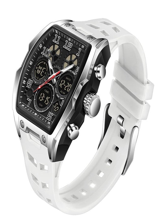 FANMIS Watch for Men Fashion Hollow Unique Rectangle Dial Wristwatch Waterproof Sport Digital Analog Dual Time Display Stopwatch Punk Cool Design Silicon Strap Dress Watch, White, Modern - Image 1