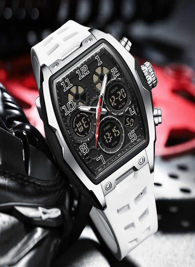 FANMIS Watch for Men Fashion Hollow Unique Rectangle Dial Wristwatch Waterproof Sport Digital Analog Dual Time Display Stopwatch Punk Cool Design Silicon Strap Dress Watch, White, Modern - Image 4