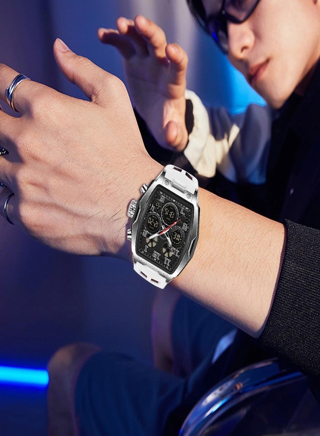 FANMIS Watch for Men Fashion Hollow Unique Rectangle Dial Wristwatch Waterproof Sport Digital Analog Dual Time Display Stopwatch Punk Cool Design Silicon Strap Dress Watch, White, Modern - Image 3