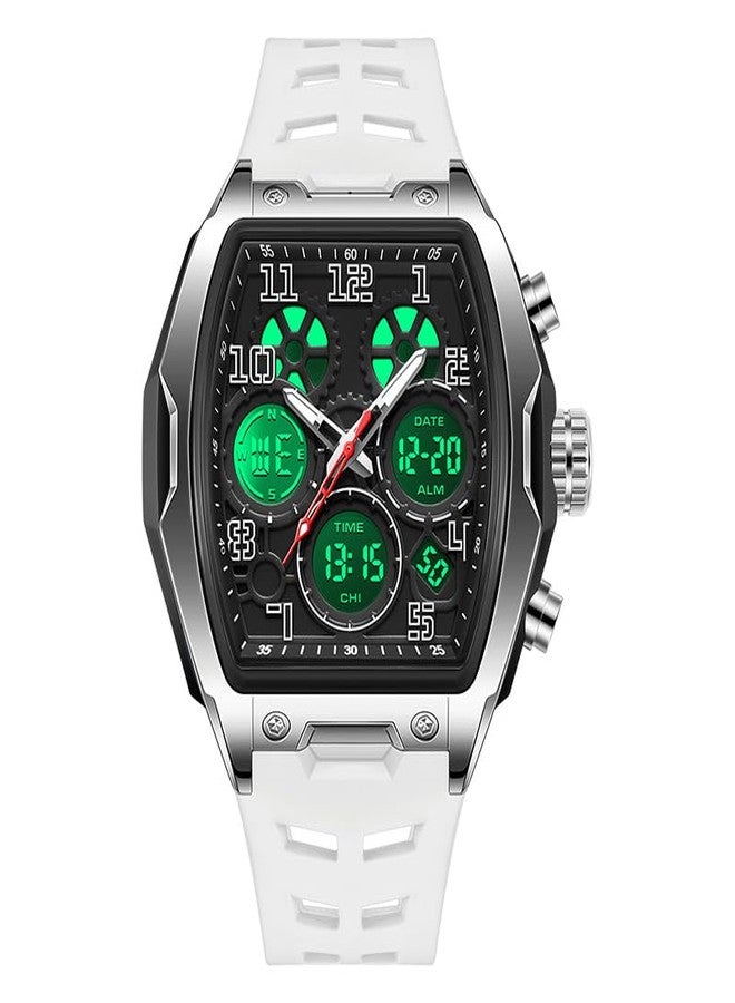 FANMIS Watch for Men Fashion Hollow Unique Rectangle Dial Wristwatch Waterproof Sport Digital Analog Dual Time Display Stopwatch Punk Cool Design Silicon Strap Dress Watch, White, Modern - Image 2