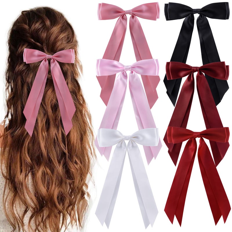 hisial 6Pcs Hair Bows Clips for Hair Silky Satin Ribbon Alligator Barrettes French Hair Ponytail Holders Cute Accessories for Women Girls(Black/White/Pink/Red) - Image 1