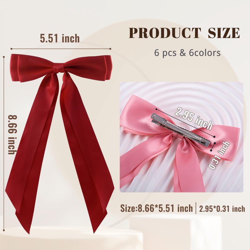 hisial 6Pcs Hair Bows Clips for Hair Silky Satin Ribbon Alligator Barrettes French Hair Ponytail Holders Cute Accessories for Women Girls(Black/White/Pink/Red) - Image 2