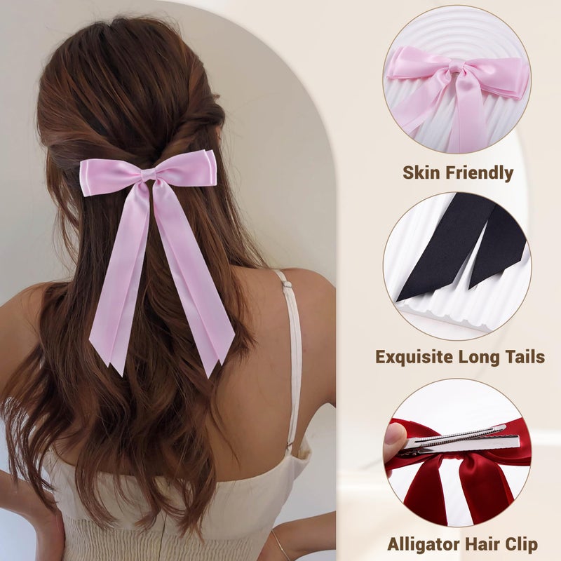 hisial 6Pcs Hair Bows Clips for Hair Silky Satin Ribbon Alligator Barrettes French Hair Ponytail Holders Cute Accessories for Women Girls(Black/White/Pink/Red) - Image 3
