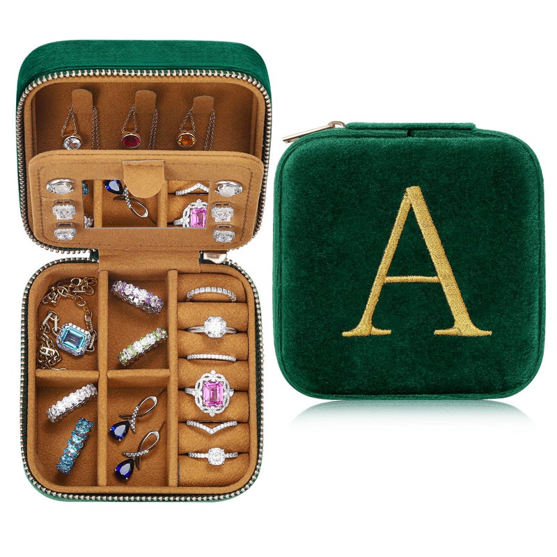 Parima Gifts for Her - Gifts for Women, Plush Velvet Travel Jewelry Case, Small Jewelry Box, Birthday Gift for Women Her, Personalized Gifts - Letter A, Green - Image 1