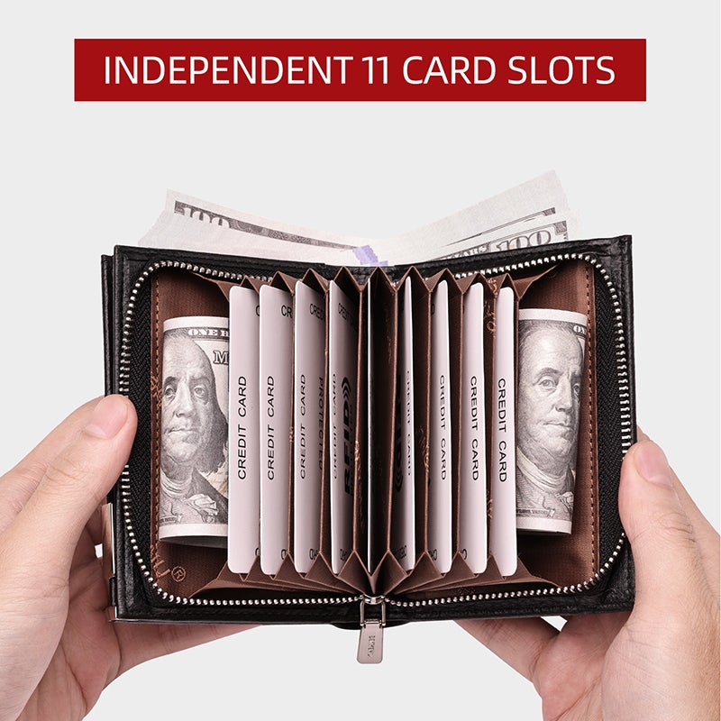 banyanu Men's Short Leather Business Wallet, Minimalist Style, with Multiple Card Slots and Zippered Pockets (Coffee - Plain Grain) - Image 4