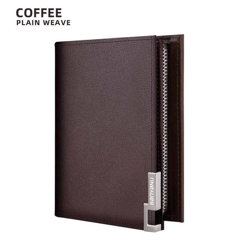 banyanu Men's Short Leather Business Wallet, Minimalist Style, with Multiple Card Slots and Zippered Pockets (Coffee - Plain Grain) - Image 1