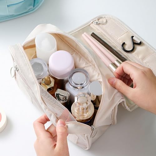 SKAIV Nylon Large Capacity Portable Travel Toiletry Bag with Hanging Hook Waterproof Cosmetic Case Makeup Pouch Kit for Men Women with Carry Handle (Beige) - Image 2