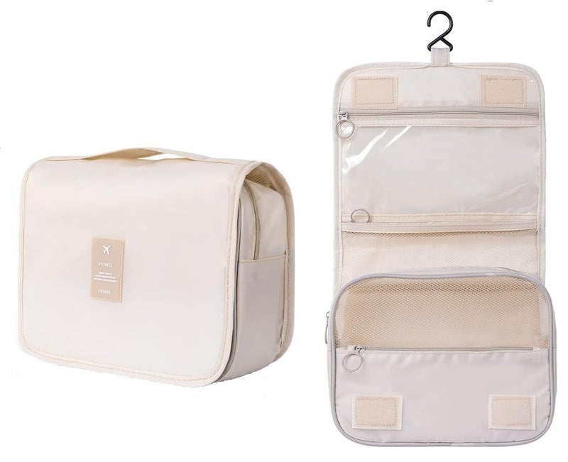SKAIV Nylon Large Capacity Portable Travel Toiletry Bag with Hanging Hook Waterproof Cosmetic Case Makeup Pouch Kit for Men Women with Carry Handle (Beige) - Image 1