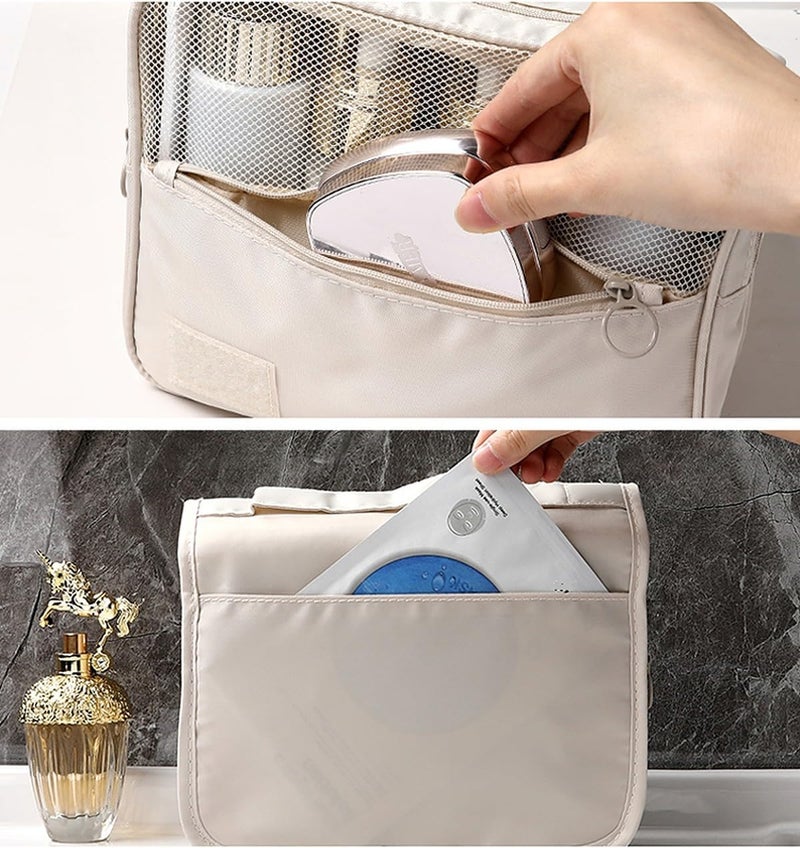 SKAIV Nylon Large Capacity Portable Travel Toiletry Bag with Hanging Hook Waterproof Cosmetic Case Makeup Pouch Kit for Men Women with Carry Handle (Beige) - Image 3