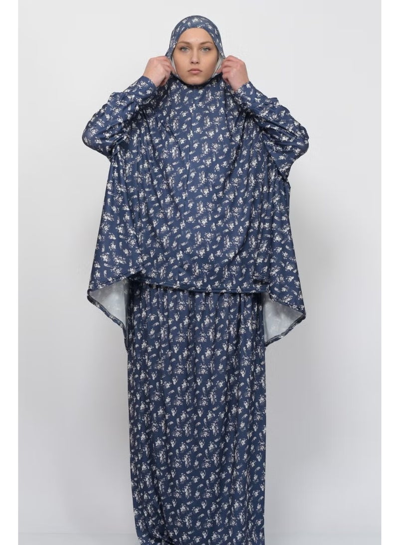 Altobeh Practical Two Piece Floral Patterned Bat Sleeves Headscarved Lycra Hijab Prayer Dress 992-0213 - Image 4