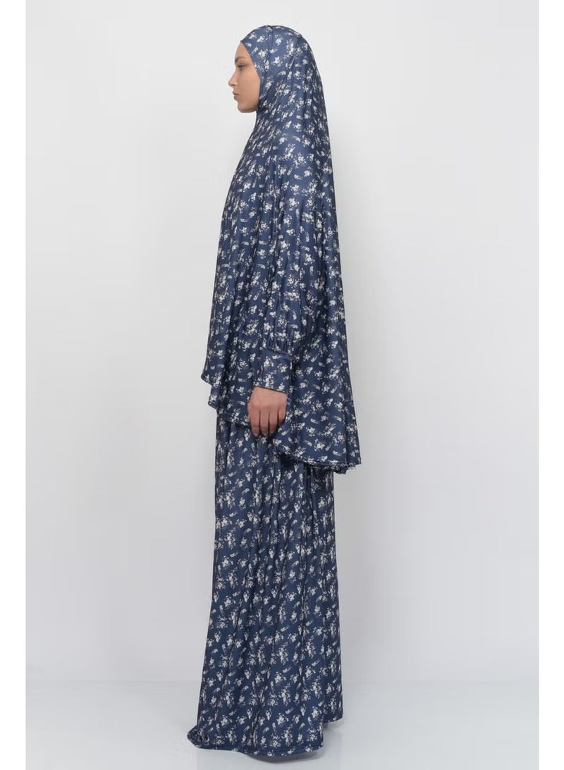 Altobeh Practical Two Piece Floral Patterned Bat Sleeves Headscarved Lycra Hijab Prayer Dress 992-0213 - Image 2