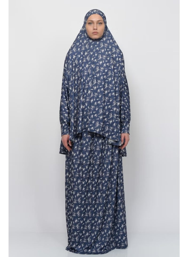 Altobeh Practical Two Piece Floral Patterned Bat Sleeves Headscarved Lycra Hijab Prayer Dress 992-0213 - Image 1
