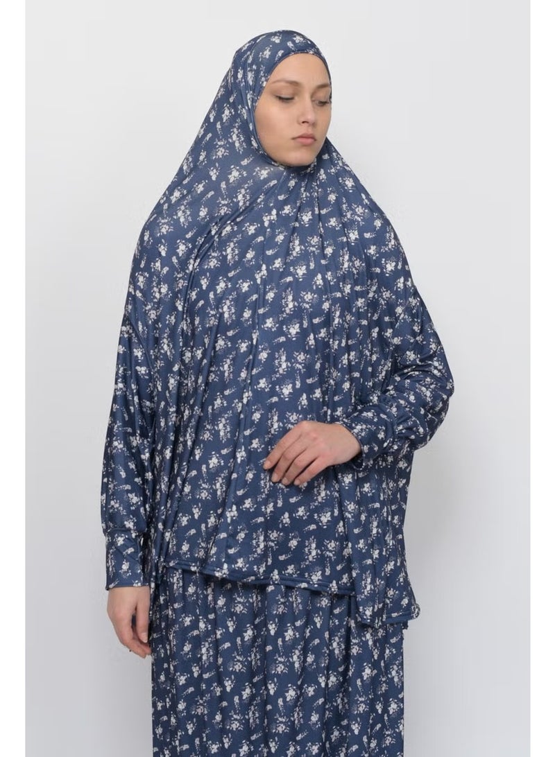 Altobeh Practical Two Piece Floral Patterned Bat Sleeves Headscarved Lycra Hijab Prayer Dress 992-0213 - Image 5
