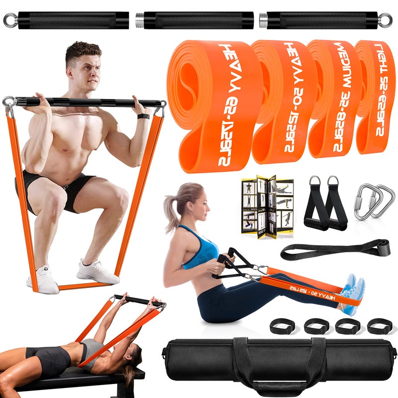 Detachable Resistance Band Bar Set for Home Gym 500LBS Capacity with 4 Stackable Bands Door Anchor Workout Guide