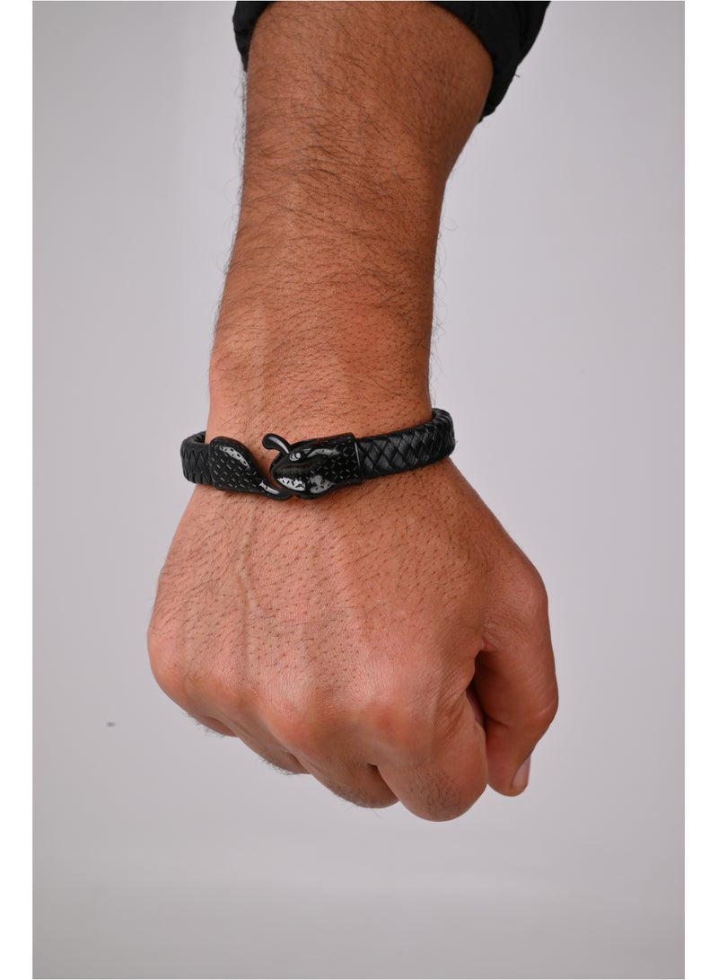 Akhet Men's natural leather bracelet with a snake head, suitable for all ages, black color - Image 1