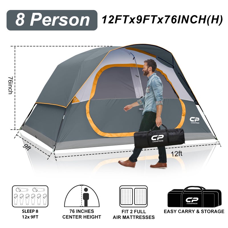 CAMPROS CP Tent 8 Person Camping Tents, Waterproof Windproof Family Dome Tent with Rainfly, Large Mesh Windows, Wider Door, Easy Setup, Portable with Carry Bag (Gray) - Image 2