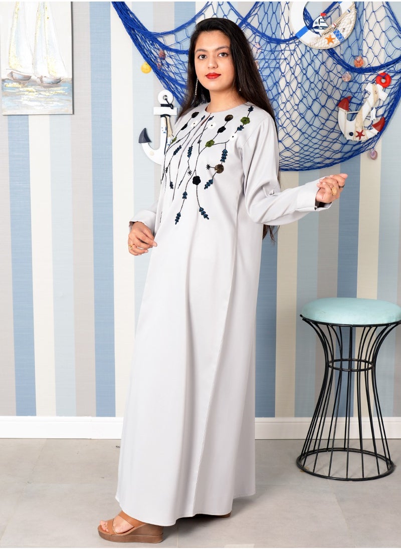 Bousni - Round Neck Beads Embellished Embroidered Abaya - Image 1