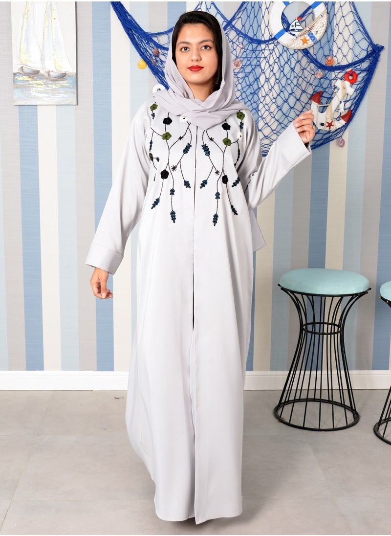 Bousni - Round Neck Beads Embellished Embroidered Abaya - Image 1