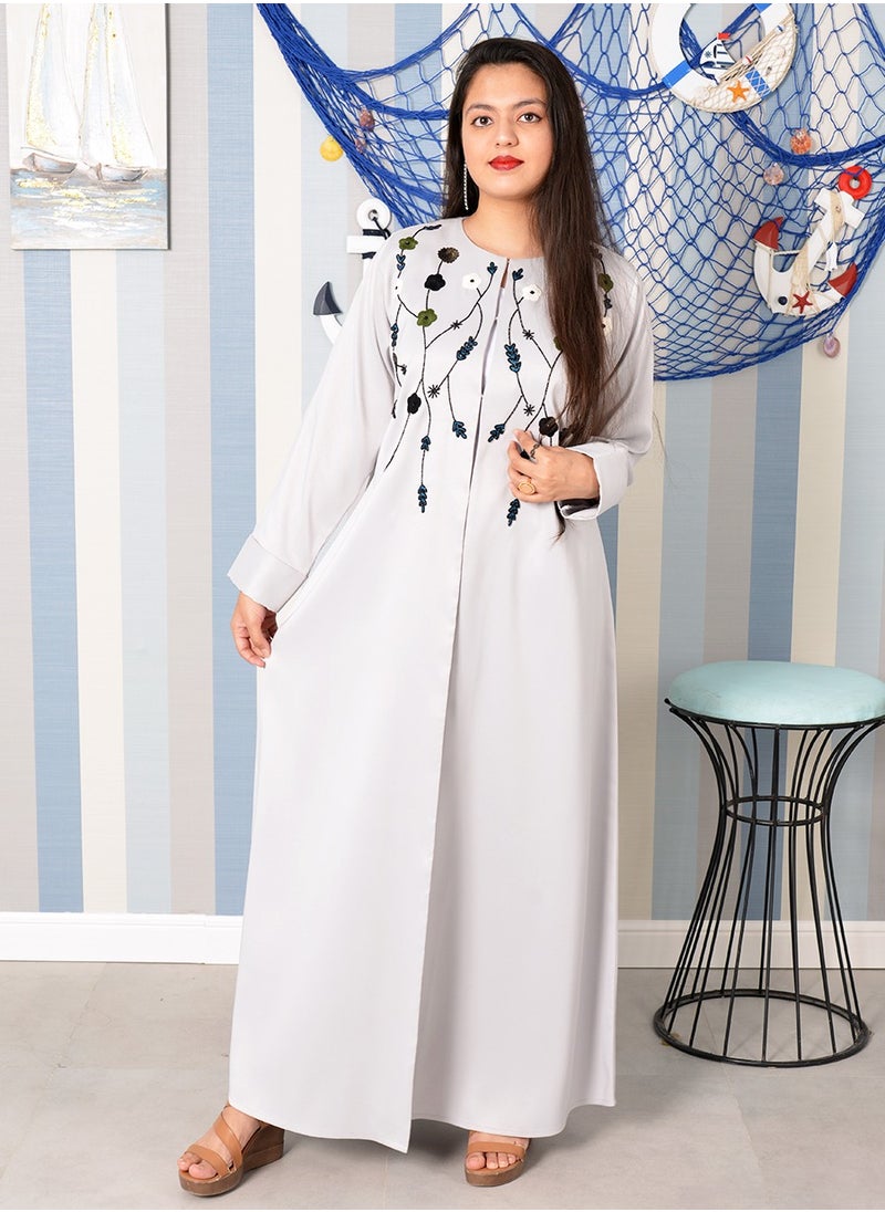 Bousni - Round Neck Beads Embellished Embroidered Abaya - Image 1